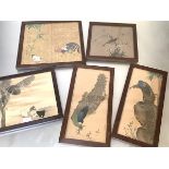 A group of five Japanese School watercolours of bird and animal subjects, three with inscriptions