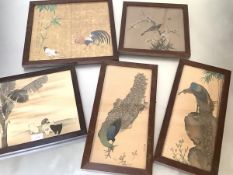 A group of five Japanese School watercolours of bird and animal subjects, three with inscriptions