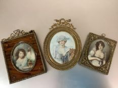 Three portrait miniatures, early 20th century: the first oval, a lady with her horse, watercolour on
