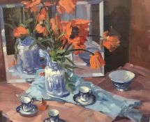 •Helen Turner P.A.I. (Scottish, b. 1937), "Reflections", a still life with poppies, signed lower