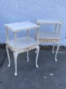 A pair of French style cream painted and parcel gilt beech bedside tables, of serpentine outline,