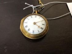 A George III gilt metal pair cased lever fusee pocket watch, white enamelled dial with Roman chapter