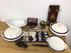 A mixed lot including a Clem travelling iron (7cm x 10cm x 5cm), a tiepress, vintage goggles in