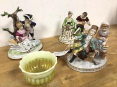 A group of three Dresden figural groups of couples (largest: 16cm) and a vaseline glass bowl (4)