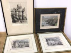 A group of four prints including a 19thc coloured print of Slaines Castle, Peterhead (16cm x