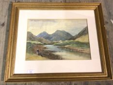 Joel Owen (Frances Jamieson), 19thc Figures in a Mountain Landscape, watercolour, signed bottom