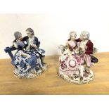 A near pair of porcelain figures, both depicting Couples on Bench, one in blues, the other in pinks,