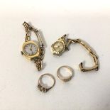 A 9ct gold signet style ring (O) (2.55g), a ring hand inscribed 12c and two lady's wristwatches (a