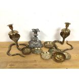 Assorted brassware including two candlesticks in the form of Cobras (20cm), assorted dishes and