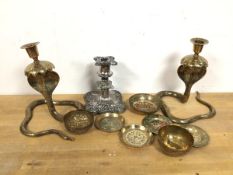 Assorted brassware including two candlesticks in the form of Cobras (20cm), assorted dishes and