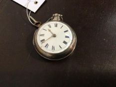 A George III silver pair cased verge fusee pocket watch, white enamel dial with Roman chapter