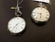 A mid to late 19thc silver cased open faced pocket watch, white painted dial with Roman chapter ring