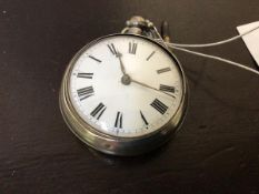 A George IV silver pair cased verge fusee pocket watch, with white enamel dial and Roman chapter