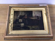 19thc school, Domestic Scene with Figures, oil (12cm x 17cm)