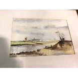 Early 20thc school, Landscape with Windmill and Boats (21cm x 32cm)