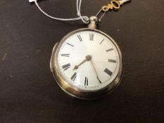 A George III silver pair cased lever fusee pocket watch, white enamelled dial with Roman chapter