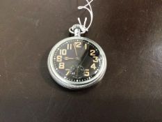 An early to mid 20thc military style pocket watch, black dial with arabic chapter ring and