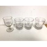 A 19thc wine glass with etched foliate decoration (13.5cm), three thumb cut whisky glasses (4)