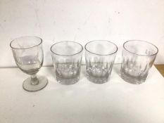 A 19thc wine glass with etched foliate decoration (13.5cm), three thumb cut whisky glasses (4)