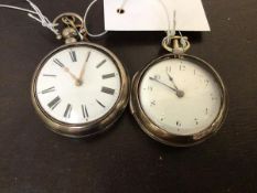 A George III silver pair cased verge fusee pocket watch, white enamel dial with Arabic chapter