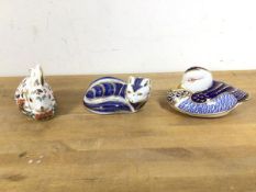 A group of three Royal Crown Derby animal figures including Meadow Rabbit, Duck (7cm) and a Fox