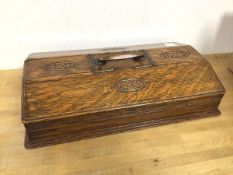 A 1930s/40s oak cutlery tray, with four hinged lids, one marked Fork another Knives and two