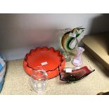 A collection of glass including a Murano style Fish (25cm), a Murano style bowl, a clear etched