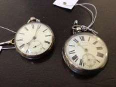 A mid to late 19thc silver cased open faced pocket watch, the white painted dial with Roman