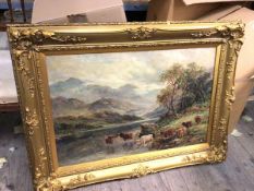 Lewis, Highland Cattle with Loch, oil, signed bottom left (50cm x 75cm) (repaired)