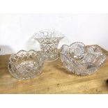 A cut glass vase (16cm x 20cm x 17cm) and two cut glass bowls (3)