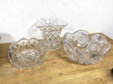 A cut glass vase (16cm x 20cm x 17cm) and two cut glass bowls (3)