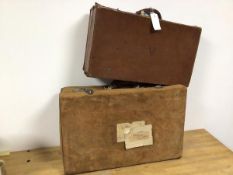 Two vintage travelling cases, one in with suede exterior (37cm x 56cm x 18cm)