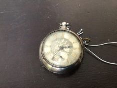 A 19thc silver pair cased pocket watch with silvered dial with Roman numeral chapter ring and