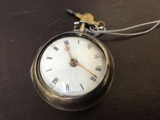 A George III silver pair cased lever fusee pocket watch, white enamelled dial, (dial: 3.5cm)