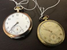 An early 20thc open faced pocket watch, the white enamel dial with arabic chapter ring and