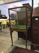 An ealry 20thc stained pine and beech display cabinet, the square glazed top raised on stained beech