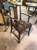 A 19thc mahogany side chair with yoke top rail above solid splat, with floral grospoint drop in