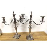 A pair of Epns candelabra, the central candleholder with a removeable finial, with two scroll arms