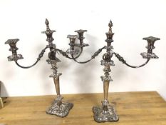 A pair of Epns candelabra, the central candleholder with a removeable finial, with two scroll arms