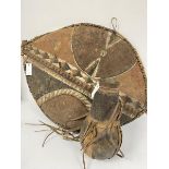 A Zulu skin painted shield (86cm x 63cm) and a gourd quiver (38cm) (2)