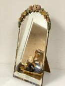 A 1920s barbola arched framed dressing mirror with easel stand and bevelled glass plate (66cm x