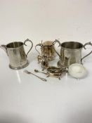 A pewter two handled sugar basin and milk jug, an Epns drum style mustard, a three piece Epns