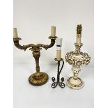 A treen giltwood twin branch table lamp with acanthus leaf decoration (36cm), a wrought iron