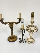 A treen giltwood twin branch table lamp with acanthus leaf decoration (36cm), a wrought iron