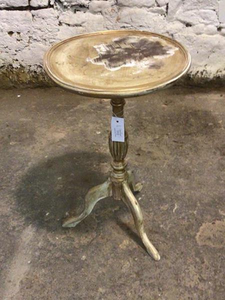 A Georgian style gilt painted wine table with circular top raised on triple splay supports H57cm,