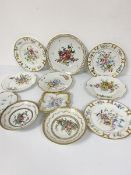 Two French hand decorated and transfer decorated plates (a/f), a set of three French Limoges style