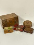 A leather box, a raffia and wicker box and a Best Wishes treen box, a Victorian Tumbridgeware walnut