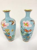 A pair of Japanese cloisonne baluster vases decorated with sparrow and camelia (24cm x base: 6cm)