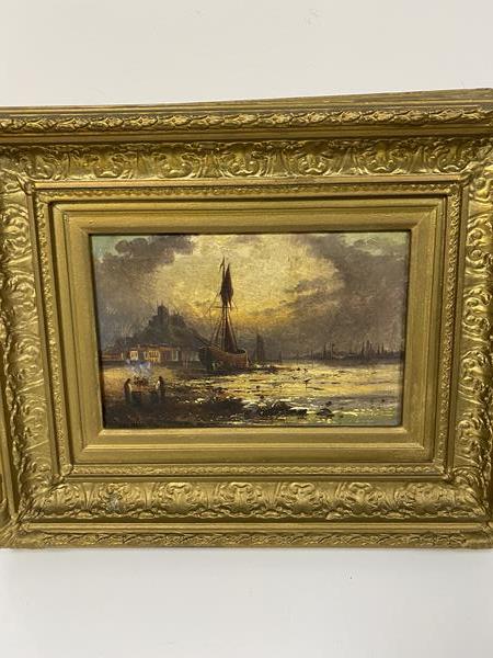 Tom Miller, Continental Scene with Boats, oil on canvas, signed lower left, in gilt composition