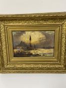 Tom Miller, Continental Scene with Boats, oil on canvas, signed lower left, in gilt composition